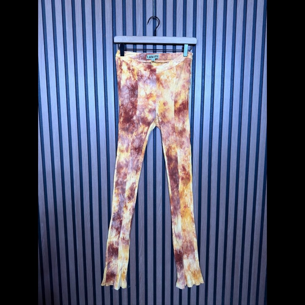 I.AM.GIA. Pants Small Womens Yellow Orange Abstract Ribbed Tight Leg Slit